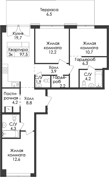 3-комнатная квартира 97.5 м², 1/9 эт., ЖК «Лермонтовский 54»